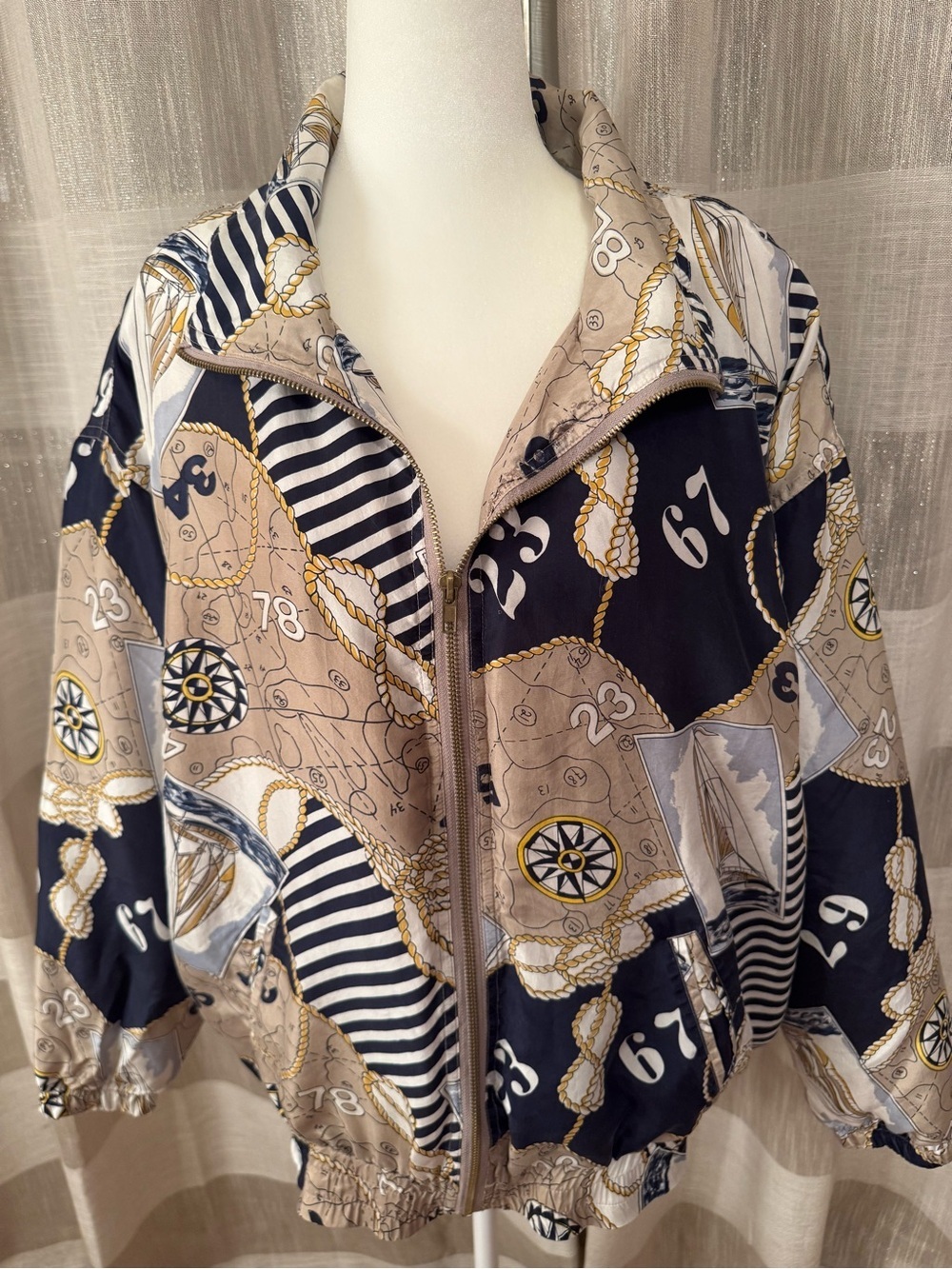 Nautical-Print 100% Silk Lining Bomber Jacket - Navy & Beige